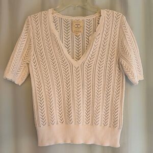 Hope & Henry Women’s White Open-Knit V-Neck Short Sleeve Cottagecore Sweater, s